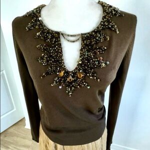 Vintage Brown Jersey Top with Beaded & Sequinned  “ Neck & sleeves lines “  New
